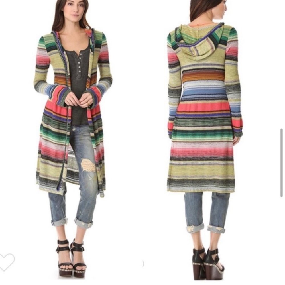 Free People Serape Boho Hooded Knit Duster Cardigan Rainbow Stripe Size Small